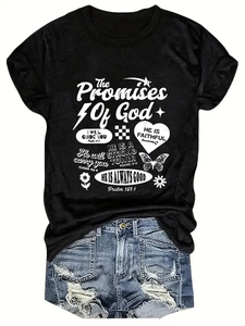 Detail of The Promises Of God religious print on a black crewneck short sleeve cotton t-shirt