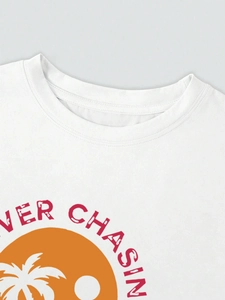Casual white crew neck short sleeve T-shirt with sun and palm tree graphic print