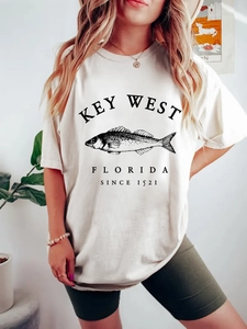 Cream crewneck t-shirt with vintage fish print and Key West Florida graphic
