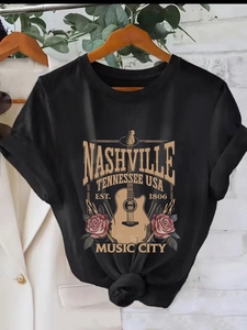T-shirt donna nera girocollo in cotone con stampa vintage Nashville Tennessee USA