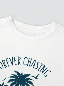 White crew neck cotton T-shirt featuring FOREVER CHASING coconut tree graphic print