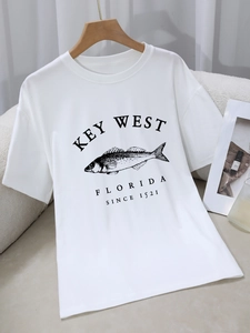 White cotton t-shirt featuring vintage Key West Florida fish print and crew neck