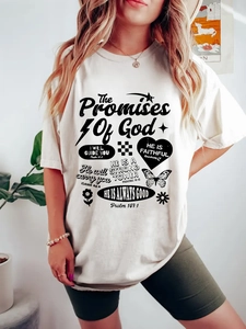 Women's oversized white cotton T-shirt with black The Promises Of God religious print