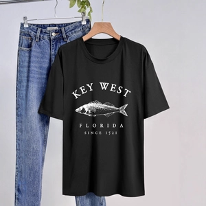 Detail of black cotton T-shirt featuring Key West Florida vintage fish print and crew neck