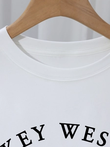 Women white round neck short sleeve cotton T-shirt with Key West letter print detail