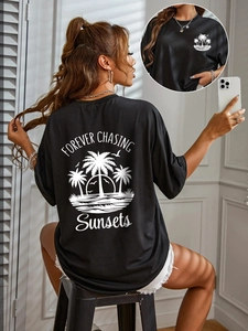 Women Casual Loose Round Neck Short Sleeve T-Shirt Tropical Palm Tree Sunset Printed Oversized Streetwear Summer Tee Top