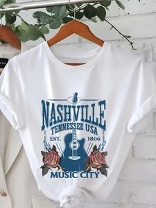 Maglietta da Donna American Vintage Nashville con Stampa Grafica in Seta di Latte Poliestere Girocollo Manica Corta Casual Streetwear