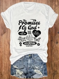 Women's white short sleeve t-shirt with religious print and distressed denim shorts
