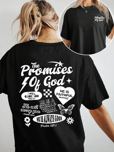 Women's black cotton T-shirt featuring religious back print with bible verses and motifs