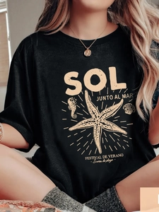 T-shirt femme noir ample à col rond avec imprimé estival d'étoiles de mer et océan