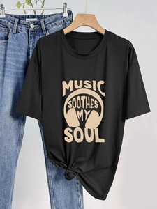 T-Shirt à Manches Courtes pour Femmes avec Imprimé Lettres et Casque Musique Décontracté Col Rond Streetwear Tops en Polyester