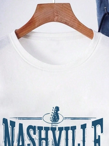 T-shirt bianca da donna girocollo con stampa grafica blu Nashville e motivo chitarra