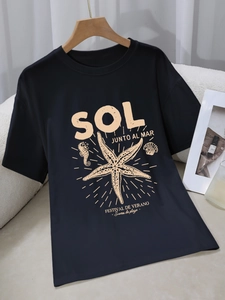 T-shirt noir pour femme avec imprimé étoile de mer orange et texte de plage espagnol