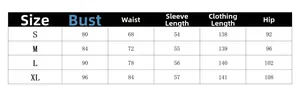 Size chart for V-neck long sleeve maxi dress showing bust, waist, and length in cm