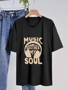T-shirt noir en coton pour femme avec col rond et imprimé Music Soothes My Soul