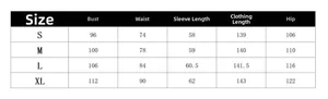 Detailed size chart with measurements for the V-neck long sleeve wide-leg jumpsuit