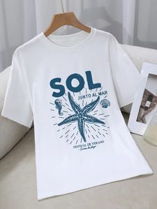T-Shirt Femmes Décontracté Col Rond Manches Courtes Polyester Coupe Ample Style Rue Imprimé Graphique Thème Océan Étoile De Mer