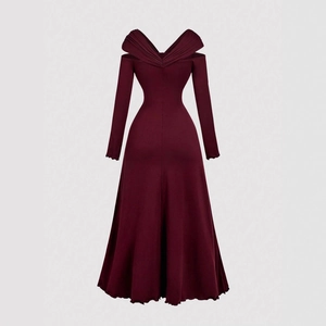Detail of elegant wine red long sleeve dress featuring pleated V-neck and A-line waist