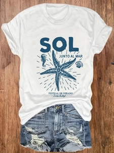 T-shirt blanc décontracté à col rond pour femme avec imprimé océan bleu marine