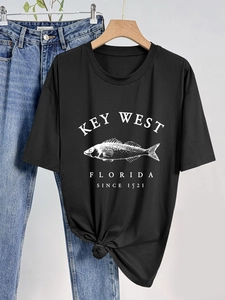 Women American Vintage Key West Florida Graphic T-Shirt Casual Round Neck Short Sleeve Printed Loose Polyester Top Tee