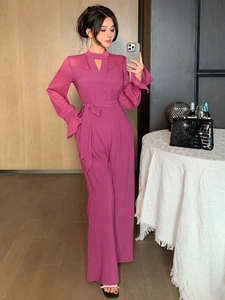 Combinaison violette élégante à jambes larges avec mesh et manches évasées chic
