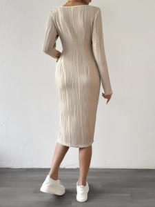 Elegant cream-white U-neck knit midi dress with vertical wavy pleated texture for women