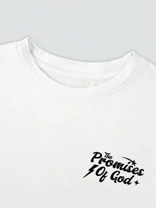 Detail of white cotton crew neck T-shirt with black The Promises Of God print graphics