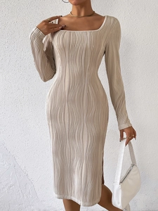 Slim fit beige knit dress with square neck and 3D wave texture for a stylish look