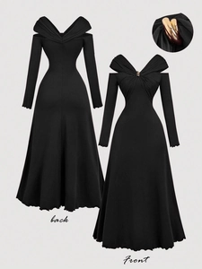 Elegant black V-neck long sleeve dress with pleated bodice and gold metal buckle detail