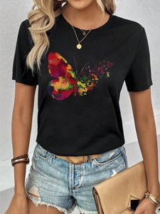 T-shirt nera da donna a girocollo con stampa grafica di farfalla astratta vibrante