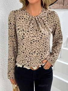 Elegante Damen Langarmbluse Mit Kleinem Blumendruck Plissierter Rundhalsausschnitt Pullover Casual Urban Mode Shirt Tops