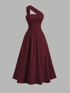 Robe Midi Ligne A Élégante à Une Épaule pour Femme Sexy Sans Manches Taille Plissée Cocktail Fête Soirée Couleur Unie