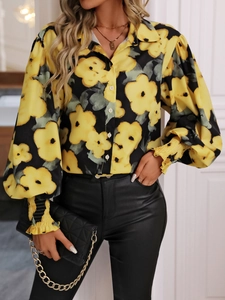 Chemise à Manches Longues à Revers et Imprimé Floral pour Femmes Chemisier Élégant à Boutonnière à Fleurs Jaunes Avec Poignets Smockés