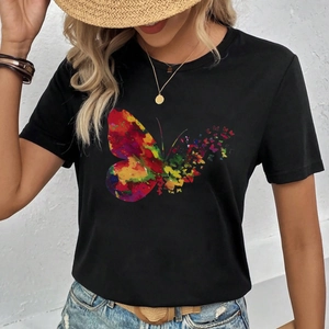 Maglietta da Donna Casual Nera a Girocollo a Maniche Corte Con Stampa Artistica di Farfalle Colorate Top Streetwear Estivo