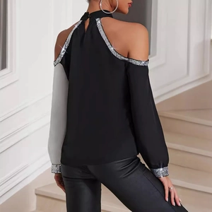 Women's chic cold-shoulder patchwork top with sequin collar and sleeve details