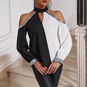 Women's off-shoulder contrast long sleeve shirt with sequin trim and high neck design