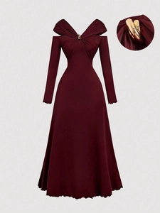 Women V Neck Long Sleeve Off Shoulder Pleated A Line Maxi Dress Solid Color Elegant Evening Party Dress With Metal Ring