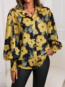 Chemise femme à imprimé floral, manches longues, col revers et poignets froncés