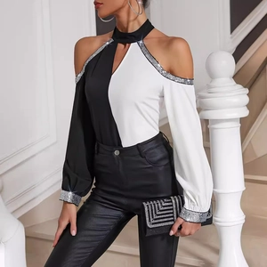 Women's chic color-block off-shoulder top with sequins and long sleeves for autumn fashion