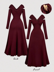 Elegant wine red V-neck long sleeve A-line maxi dress with pleated details and gold buckle