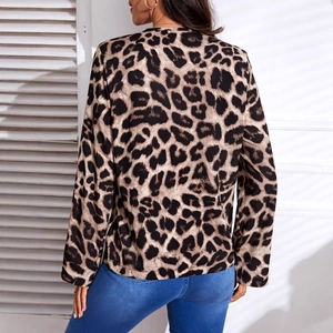 Women's autumn leopard print long sleeve shirt with a stylish zip V-neck design