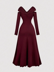 Elegant deep wine red V-neck long sleeve dress with pleated waist and A-line silhouette