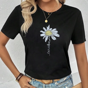 Damen Casual Schwarz Rundhals Kurzarm T-Shirt Daisy Buchstabe Let It Be Druck Baumwollmischung Sommer Streetwear Top