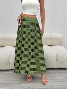Jupe longue plissée à carreaux vert olive élégante avec taille haute pour femme