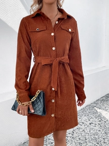 Women Casual Corduroy Shirt Dress Long Sleeve Lapel Button Down Belt Solid Color Elegant Autumn Winter Fashion Mini Dress