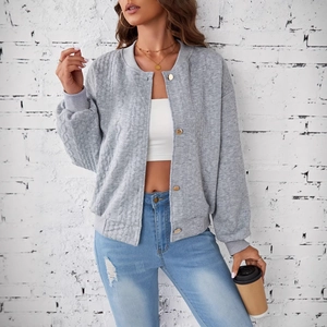 Women's gray quilted knit baseball jacket with gold buttons and ribbed collar details