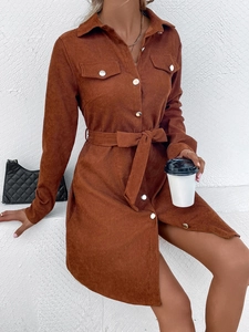 Women's dark brown corduroy lapel shirt dress with waist belt and long sleeves