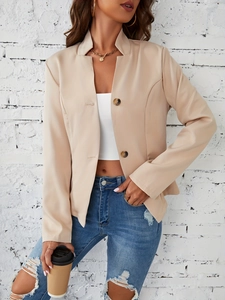 Slim fit beige women's blazer with lapels and two buttons for a chic casual style