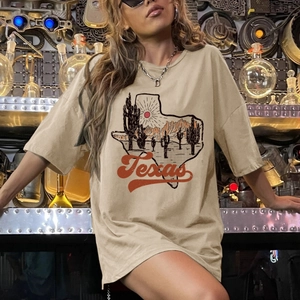 Women Retro Texas Desert Cactus Print T-Shirt Loose Casual Short Sleeve Round Neck Khaki Oversized Streetwear Cotton Blend Top
