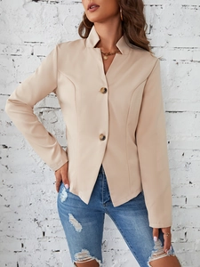 Slim fit beige blazer for women with double buttons and elegant stand collar style